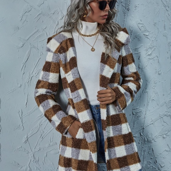 plaid brown mocha pocket hoodie teddy jacket coat - Picture 6 of 6